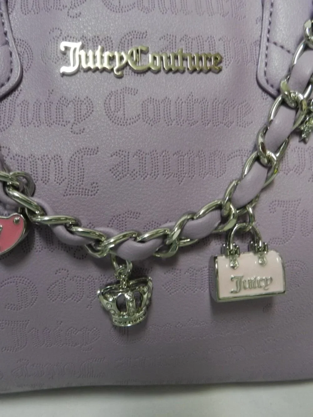 Juicy Couture faux leather barrel tote bag purse Purple zip top  Chain w/ Jewels